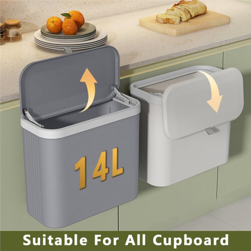 14L Wall Mounted Kitchen Trash Can with Rolling Cover for Cabinet and Under Sink Grey 1