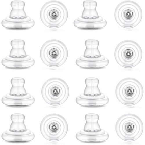 16pcs Earring Backs,  Silicone Earring Backs Replacements,Locking Secure Backs for Studs/Droopy Ears Silver