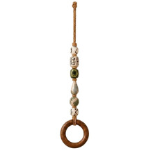 Decoratieve Handdoekhanger met Kralen en Houten , Landelijke Wanddecoratie, Boho Badkamerrek met Één Groene Kraal