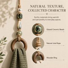Decorative Beaded Towel Hanger with Wooden , Farmhouse Wall Decor Boho Bathroom Rack One Green Bead