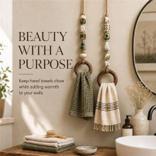 Decorative Beaded Towel Hanger with Wooden , Farmhouse Wall Decor Boho Bathroom Rack Three Green Beads