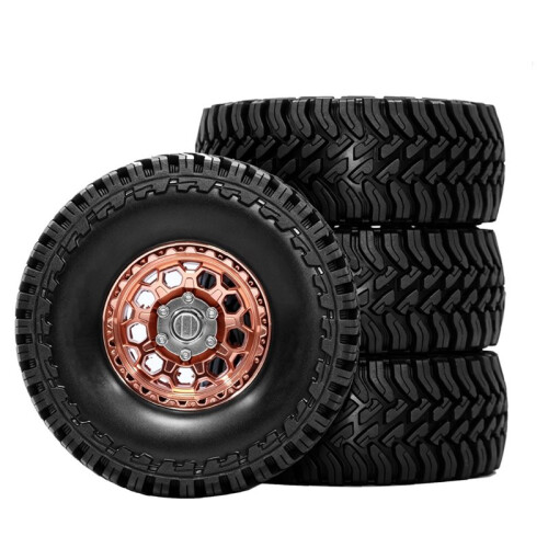 Rodas de Metal Beadlock de 1,3 Polegadas com Contrapeso e Pneus de Borracha, Pneus para Carros RC Crawler SCX24, TRX4M e 1/24, Na Cor Laranja.