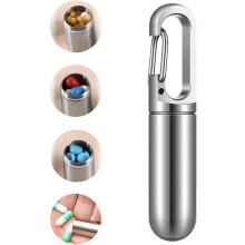 Stainless Steel Pill Box with Carabiner - Portable Mini Pill Box - Waterproof Small Pill Box - Medicine Purse - Metal Pill Box - Silver - 52mm x 11mm