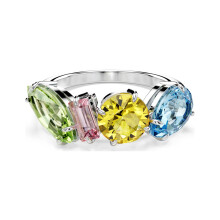 (6#=52mm) Vibrant Multi Shape Four-Tone Color Crystal Silver Ring Fresh Rainbow Summer Party Stack Finger Jewelry 5708942