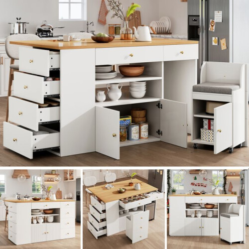 Îlot de cuisine - CIPACHO - Îlot de cuisine - 6 tiroirs - Largeur réglable - Avec tabourets