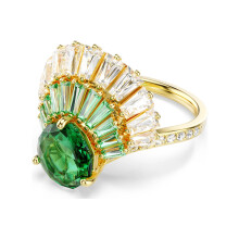 (8#=57mm) Gold Plated Fan Shape Statement Cocktail Ring Pear Cut Emerald Green Center CZ Gradient Baguette Crystal Radial Ring for Women SOR0038