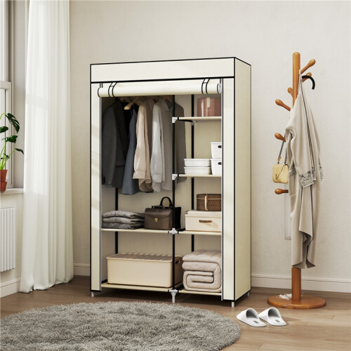 Fabric Wardrobe w/ Shelves Hanging Rail Foldable Wardrobe Cream 2