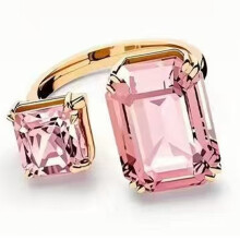 (7#=54mm) Rose Gold Plated Two-Stone Open Bypass Statement Ring Square & Emerald Cut Pastel Pink CZ Color Block Cocktail Ring for Women SOR0051