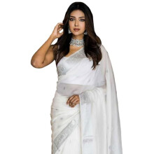 Sugathari Damen Weiίer Banarasi Kanchipuram Kunstseiden-Sari fόr Damen Traditioneller Hochzeits- und Party-Sari mit Blusenstoff Ethnischer indischer