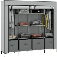Fabric Wardrobe for Bedroom, Portable Cloth Wardrobe with 10 Compartments, 2 Hanging Rails and 4 Fabric Drawers, 166 x 42.5 x 169.5cm, Dark Grey