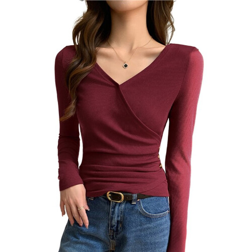 Womens V Neck Wrap Ruched Side Button Long Sleeve Top Red M