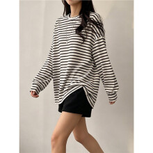 Womens Crew Neck Striped Loose Fit Long Sleeve T Shirt Black & White M