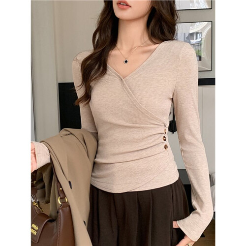 Womens V Neck Wrap Ruched Side Button Long Sleeve Top Oat L 2