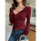 Womens V Neck Wrap Ruched Side Button Long Sleeve Top Red M 5