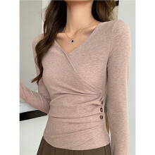 Womens V Neck Wrap Ruched Side Button Long Sleeve Top Khaki L