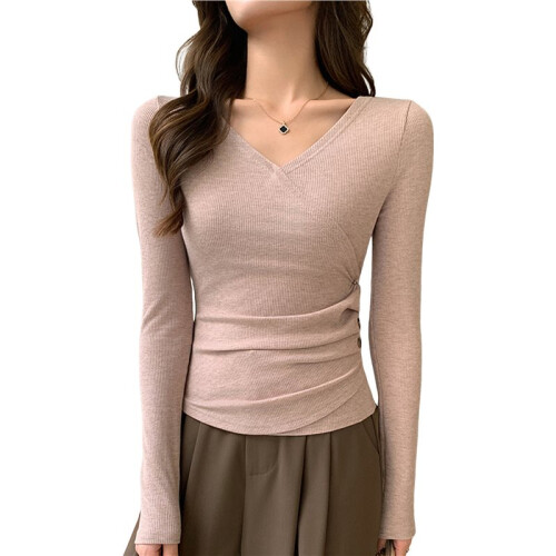 Womens V Neck Wrap Ruched Side Button Long Sleeve Top Khaki L 1