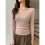 Womens V Neck Wrap Ruched Side Button Long Sleeve Top Khaki L 3