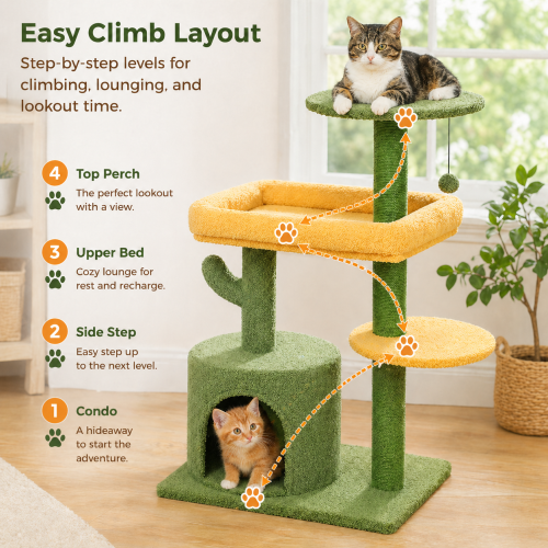 Arbre à chat multicouche en forme de cactus, 4 niveaux, vert, bois, avec condo et poste d'observation 2
