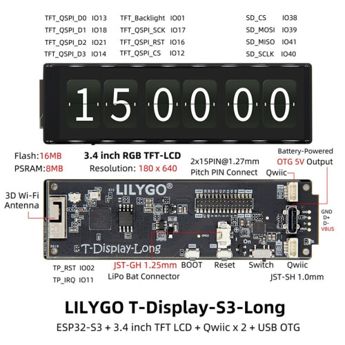 LILYGO T-Display-S3-Long Tela Sensível Ao Toque TFT de 3,4 Polegadas com Caixa Placa de Desenvolvimento ESP32-S3 WiFi  16MB Flash 2