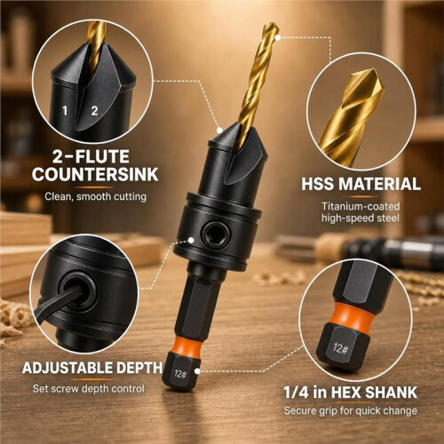 Countersink Drill Bit Set, Countersink Drill Bit Set for Woodworking, 4, 6, 8, 10, 12, 1/4 Inch Spiral Drill Bit 2