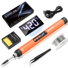 Fer à souder USB avec écran LCD, Kit Deluxe avec support, pince courbe et fil à souder 15g