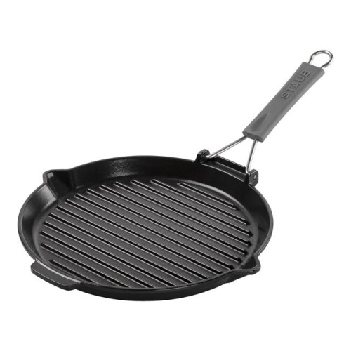 STAUB 28cm CAST IRON ROUND GRILL PAN WITH PURING SPOUT,  BLACK