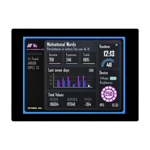ESP32-S3 2,41 Inch AMOLED Touchscreen Ontwikkelingsbord 600x450 32-Bits LX7 Dual-Core Processor Display