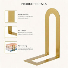 Gold Metal Bookends, 6 Pcs Heavy Duty U Shaped Book Holders, Sturdy Decorative Book Stoppers, Space Saving Book Supports