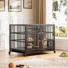 Cage pour chien en métal robuste, 122 cm, avec cloison amovible, 2 portes, 2 gamelles et bac extractible