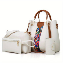 Lot de 4 sacs à main pour femme en cuir PU, comprenant sac cabas, sac bandoulière, pochette et porte-cartes, Blanc