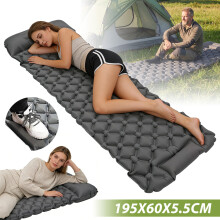 Matelas de camping gonflable avec oreiller intégré, 195x60x5,5 cm, Gris, Nylon 40D, Pompe à pied