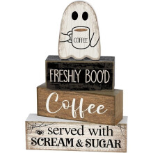 4 Pcs Halloween Coffee Table Decor Wooden Coffee Bar Sign Stackable Blocks Bar Farmhouse Rustic Tiered Tray