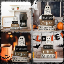4 Pcs Halloween Coffee Table Decor Wooden Coffee Bar Sign Stackable Blocks Bar Farmhouse Rustic Tiered Tray