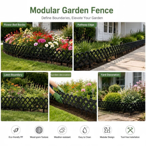 6 Pack Garden Edging Border Modular Interlocking Plastic Fence Panels Black 1