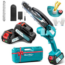 Seesii Mini Motosierra sans fil 6 pouces, moteur 800W, avec 2 batteries 21V et accessoires pour jardinage et bois