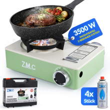 ZMC Réchaud de camping, 3500W, Système 3 brûleurs, Allumage piezo, avec valise et 4 cartouches de gaz 227g