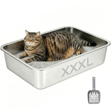 Litière pour chat XXL en acier inoxydable, 60x40x20cm, bords hauts avec pelle, pour grands chats