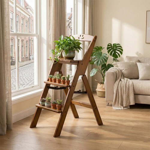 Folding Wooden Library Step Ladder Chair 3-Step Folding Step Stool 2