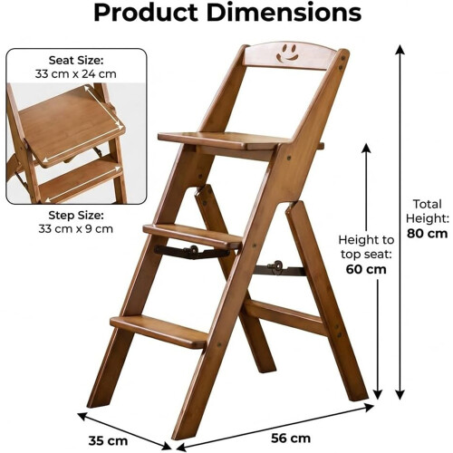 Folding Wooden Library Step Ladder Chair 3-Step Folding Step Stool 1