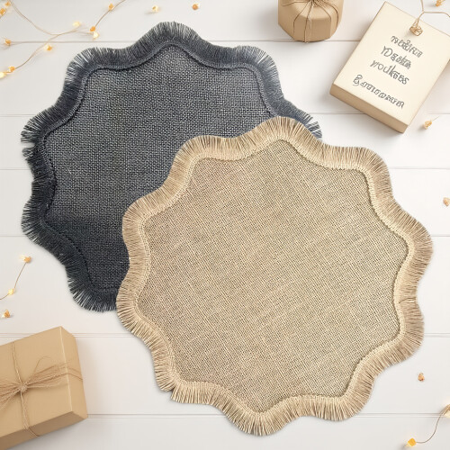 (Black)Jute Round Table Mat With Fringe For Home Dining And Ecoconscious Kitchen Use 2