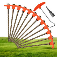 Lot de 12 Piquets de Tente Rotatifs Ă Vis, Acier et Plastique, 20 cm, Orange, avec Adaptateur pour Visseuse et Extracteur