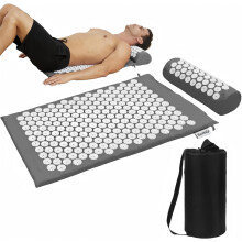 Tapis d'acupression et dossier, Lot de 2, Gris, 66,5x41 cm, Coton et ABS, Pliable pour voyage et bureau