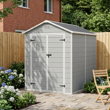 5.97 x 8.02FT Apex Roof Plastic Garden Storage Shed, Smoke Grey Wood Grain, Outward Opening w/ Lockable Latch
