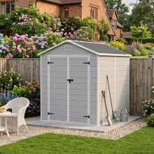 Garden Sanctuary 5.97x8.02ft Wood Grain Apex Plastic Tool Shed w/ Window, Smoky Grey