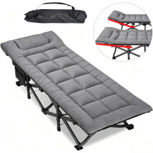 Lit de Camping Pliable, Lit de Sieste Simple avec Oreiller et Poche, Structure Acier, Support 200 kg, Extérieur et Bureau