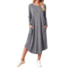Damen Lockeres, Lässiges Kleid mit Rundhalsausschnitt und Langen Ärmeln, Midikleid mit Schrägen Taschen und Abgerundetem Saum Dunkelgrau XXL