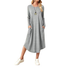 Damen Lockeres, Lässiges Kleid mit Rundhalsausschnitt und Langen Ärmeln, Midikleid mit Schrägen Taschen und Abgerundetem Saum Silber M