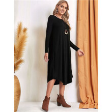 Damen Lockeres, Lässiges Kleid mit Rundhalsausschnitt und Langen Ärmeln, Midikleid mit Schrägen Taschen und Abgerundetem Saum Schwarz S