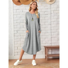 Damen Lockeres, Lässiges Kleid mit Rundhalsausschnitt und Langen Ärmeln, Midikleid mit Schrägen Taschen und Abgerundetem Saum Silber L