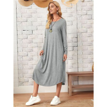 Damen Lockeres, Lässiges Kleid mit Rundhalsausschnitt und Langen Ärmeln, Midikleid mit Schrägen Taschen und Abgerundetem Saum Silber XXL